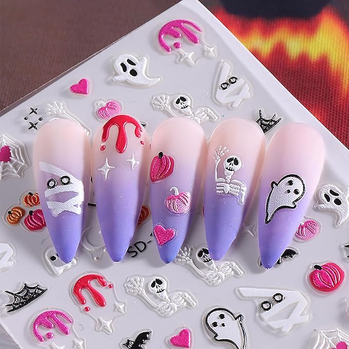 6 Sheets Halloween Nail Art Stickers Ghost Spider Web Skull and Pumpkin Nail Stickers Cute Nail Decals for Nails Art 3D Self-Adhesive Nail Art Supplies for Women Girls