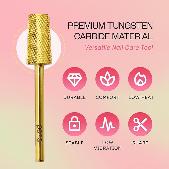 PANA Tapered Barrel Carbide 3/32" Shank Size - (Gold, Extra Fine Grit) - Fast remove Acrylic or Hard Gel Nail Drill Bit for Manicure Pedicure Salon Professional or Beginner