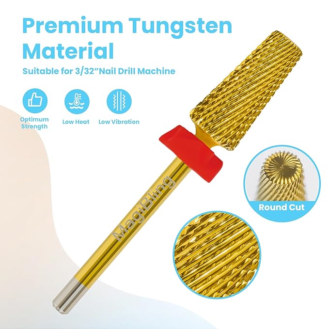 Professional 5 in 1 Tapered Nail Drill Bits, 3/32'' Safety Tungsten Carbide Bits, Remove Gel Fast Left & Right Hand Use, Easy for Beginner, Technicians Bits, Gold, Fine.