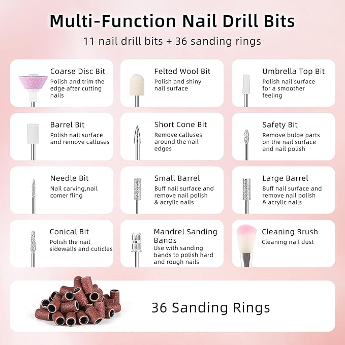 Electric Nail Files Cordless Professional Nail Drill Machine for Acrylic Nails Gel with 5 Speeds Portable Rechargeable File Manicure Pedicure Kit Gifts for Girl Women Beginners