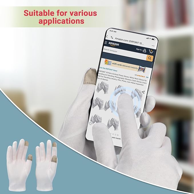 Touch Screen Gloves, 10 Pairs White Work Gloves with Touchscreen Fingers Archival Gloves Art Handling Gloves Film Gloves Photography Gloves White Cotton Gloves for Art Handling, Jewelry Large