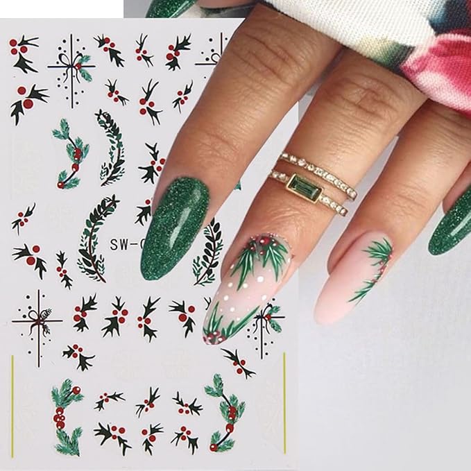 Christmas Nail Art Stickers Decals Holly Leaf Candy Cane Design 3D Self-Adhesive Xmas Nail Art Supplies Decals 6PCS Snowflakes Bow Star Ball Christmas Stickers for Nails Holiday Manicure Decorations