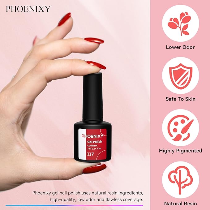 phoenixy 30 PCS Gel Nail Polish 25 Colors Gel Nail Polish Set with Base Coat Glossy Matte and Glitter Top Coat Pink Red Green Starter Gift for Women - PCB9041
