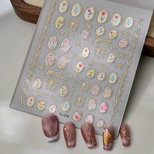5D Embossed Flower Nail Sticker Tulip Irregular Geometric Frames Nail Designs Self Adhesive Nail Decals Gold Hollow Nail Art for Women Girls Manicure Supplies Nails Art Decorations