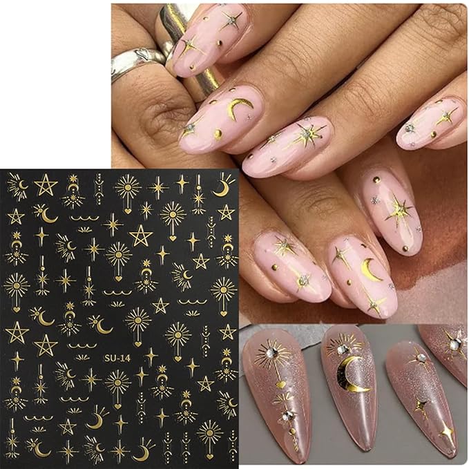 Star Nail Stickers - 8Sheets Metallic Star Nail Art Stickers 3D Star Moon Sun Nail Decals for Nail Art Supplies Sun Stars Moon Starlight Glitter Gold Silver Design French Manicure Decoration for Women