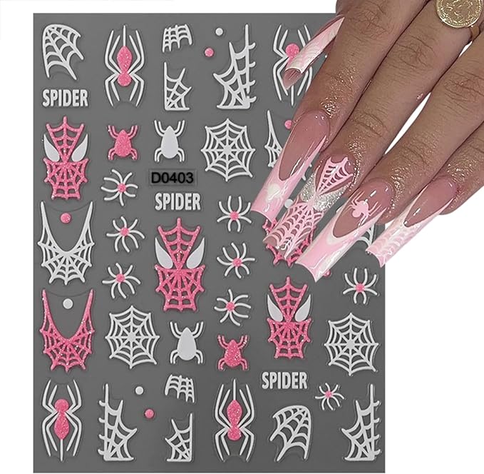 6 Sheets Halloween Nail Art Stickers Cute Ghost Bats Spiders Flame Pink Glitter French Nails Stickers Spiders Web Love Heart Design Nail Art Decals for Women Girls DIY Halloween Nails Decoration