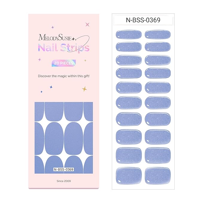 MelodySusie Semi Cured Gel Nail Strips (Pearly Blue), Works with Nail Lamp, Salon Quality, Long Lasting, Easy to Apply and Remove, Includes 20Pcs, 2 Prep Pads, Nail File and Wooden Stick