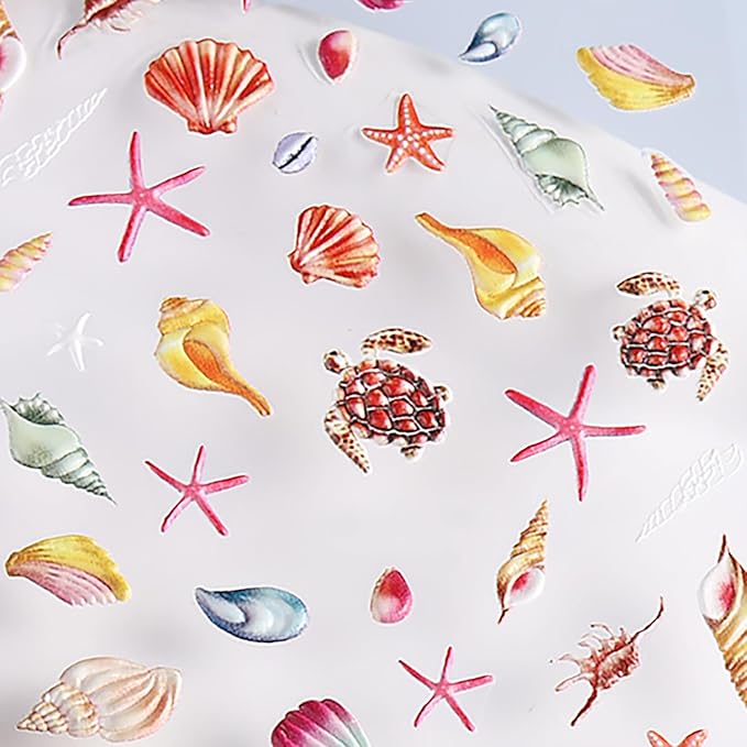 1 Sheets Summer Nail Stickers for Nail Art 5D Embossed Conch Starfish Nail Decals Ocean Beach Nail Art Stickers Self-Adhesive Sea Turtles Seashell Nail Design Decals for Women Acrylic Nails Supplies