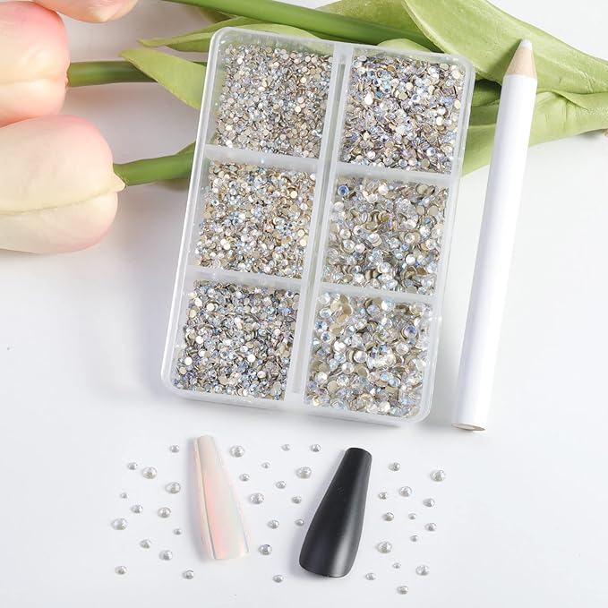 Beadsland 7200pcs Flatback Rhinestones,Glass Rhinestone Nail Gems Round Crystal Rhinestones for Crafts,Mixed 6 Sizes with Wax Pencil Kit, SS3-SS10,Blue Moonlight