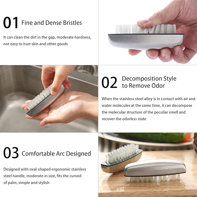 2 Pieces Nail Brushes for Cleaning, Beomeen Stainless Steel Fingernail Cleaner, Hand Nail Toes Cleaning and Scrubbing Brushes, Pedicure Nail Scrubber Non-Slip for Kitchen, Men & Mechanics
