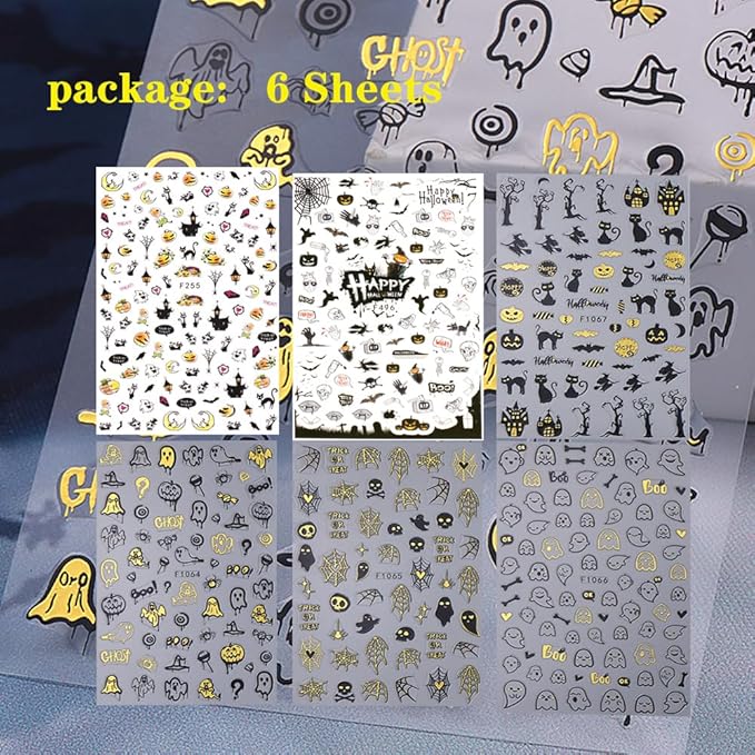 6 Sheets Halloween Nail Stickers for Nail Art, 3D Self-Adhesive Pumpkin Ghost Spider Web Nail Decals, Cute Bat Nail Supplies Nail Art Design Accessories for Women and Girls Manicure DIY Decoration