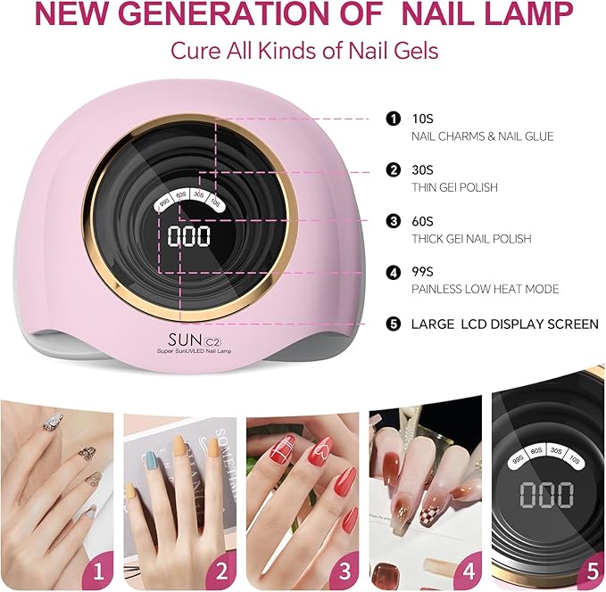 288W Professional UV LED Nail Lamp with 63 Beads - Fastest Gel Curing Dryer for Home & Salon, Smart Sensor, LCD Display & 4 Timers, Pink Salon-Grade Light