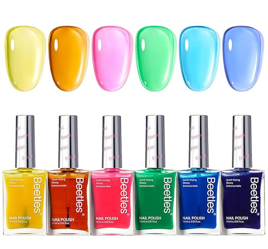 Beetles Neon Nail polish Set, 6 Jelly Colors Bright Rainbow Nail Polish Kit Quick Dry Finger Nail Polish Glossy Shine Nail Lacquer Polish Long Lasting Gifts for Women