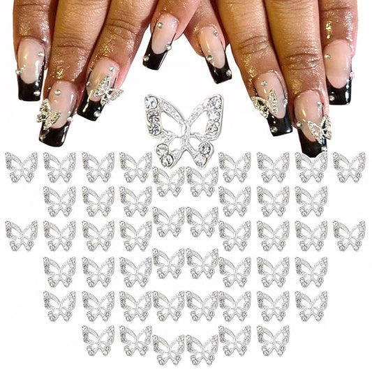 48pcs Silver Butterfly Nails Charms Bulk 3D Rhinestones Alloy Studs Nail Art Jewels Diamonds Gems Decor Supplies
