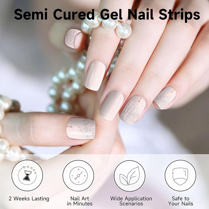 Semi Cured Gel Nail Strips (Complexion), 28 pcs Gel Nail Stickers, Work with Any UV Lights, Long-Lasting NailWraps for Women, Salon-Quality, Easy to Apply & Remove