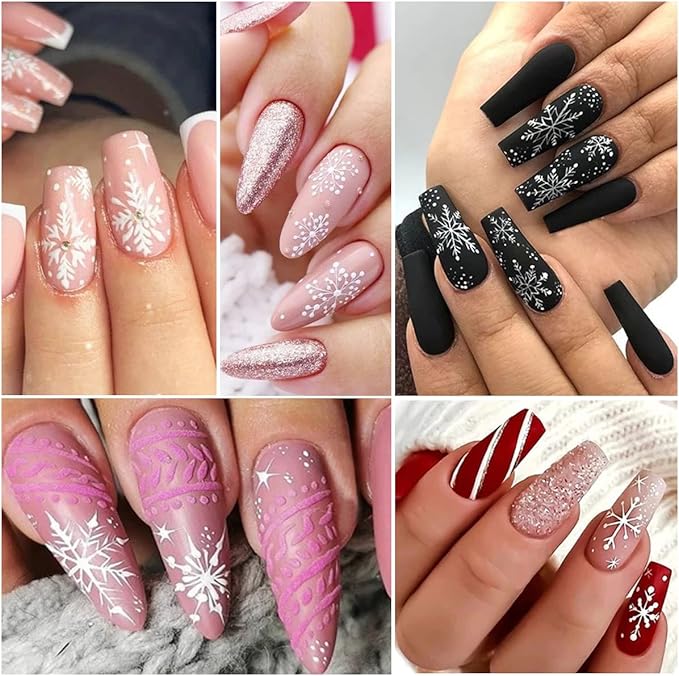 8Sheets Snowflake Nail Art Stickers 3D Xmas Nail Decals White Glitter Snow Nail Design Cartoon Elk Snowflake Snowman Bell Reindeer Sticker Foil Manicure Winter New Year Christmas Nail Decoration