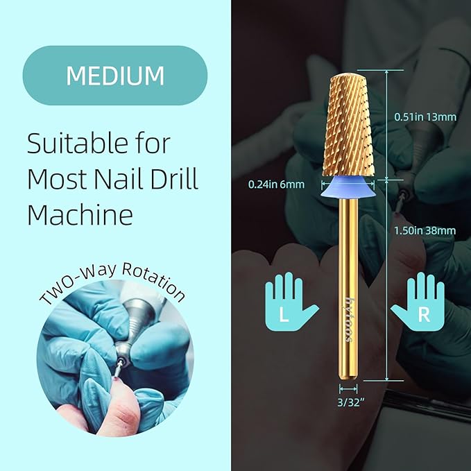 Safety Tapered Nail Drill Bits,Titanium Coating Rounded Barrel Carbide Nail Bit, 3/32 Two-way Rotate Drill Bits for Nails, Manicure Drills Files Accessories Remove Gel Tool, Medium