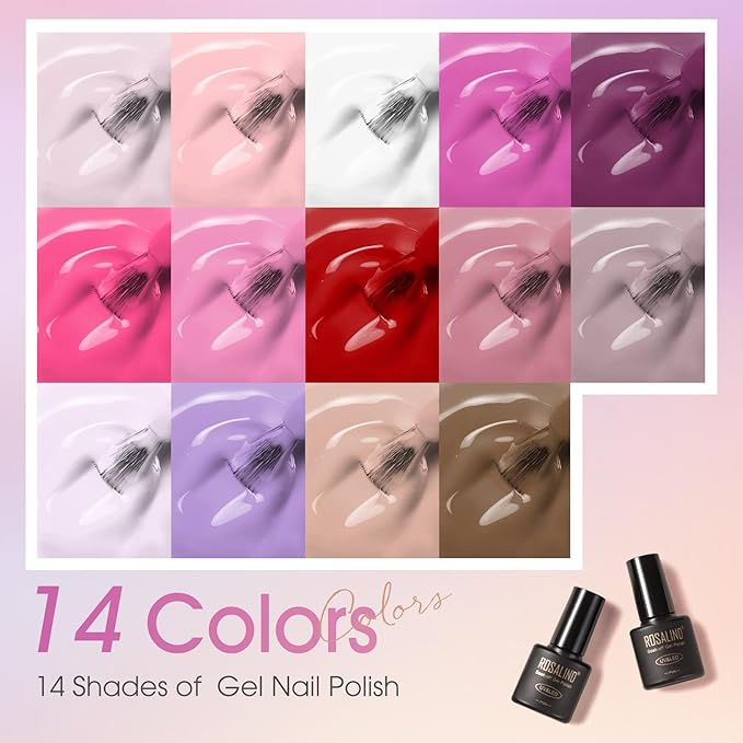 ROSALIND 18PCS Gel Nail Polish Set with Base Top Coat (Glossy Matte and Glitter),14 Colors Pink Red Nude Brown u v Gel Polish Series Soak off Nail Polish Gel Nails Art for Women