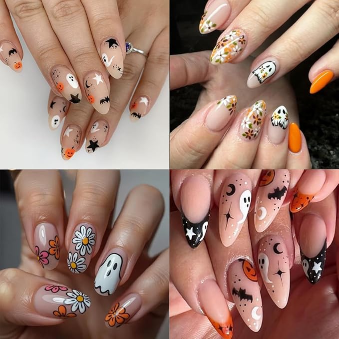 6 Sheets Halloween Nail Stickers Cute Ghost Pumpkin Nail Decals 3D Self-Adhesive Star Spider Bat Flowers Nails Stickers Fall Halloween Nails Art Supplies for Women Holiday DIY Manicure Decorations