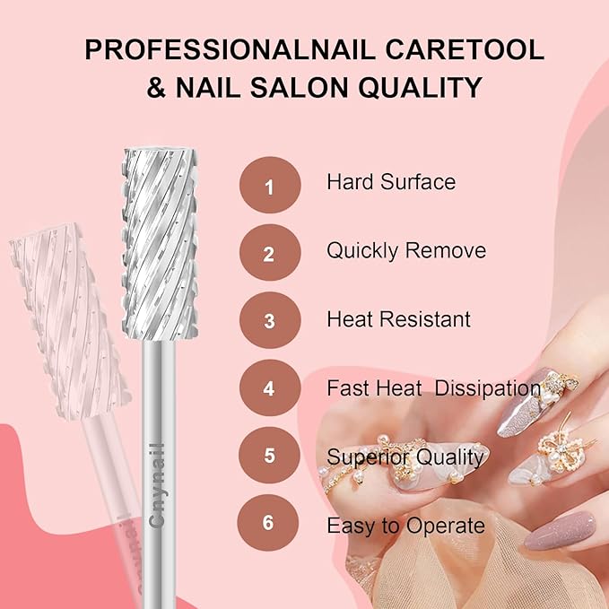 3/32" 5.35MM Small Barrel Flat Top Bit Tungsten Carbide Nail Drill Bit Safety Bit for Gel & Acrylic Removal, 2-Way Rotating Efile Tip, Salon Electric File Accessory (3XC Grit, Silver)