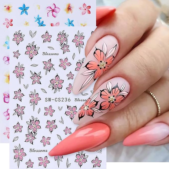 6 Sheets Flower Nail Art Stickers 3D Self-Adhesive Spring Summer Nail Sticker Butterfly Nails Art Decals Holographic Floral Nails Decal Decoration for Women Blossom Manicure DIY Nail Supplies