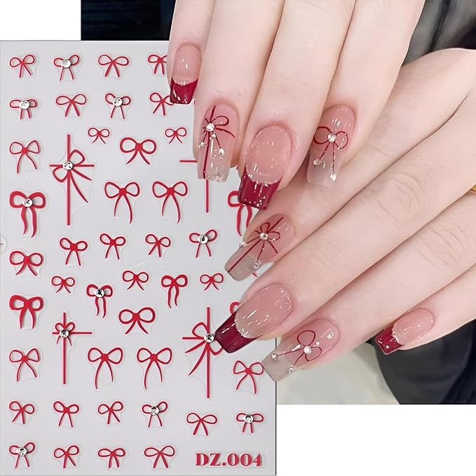 4 Sheets Bow Nail Stickers, 5D Embossed White Black Red, DIY Acrylic Nails, Bow Nail Supplies for Women