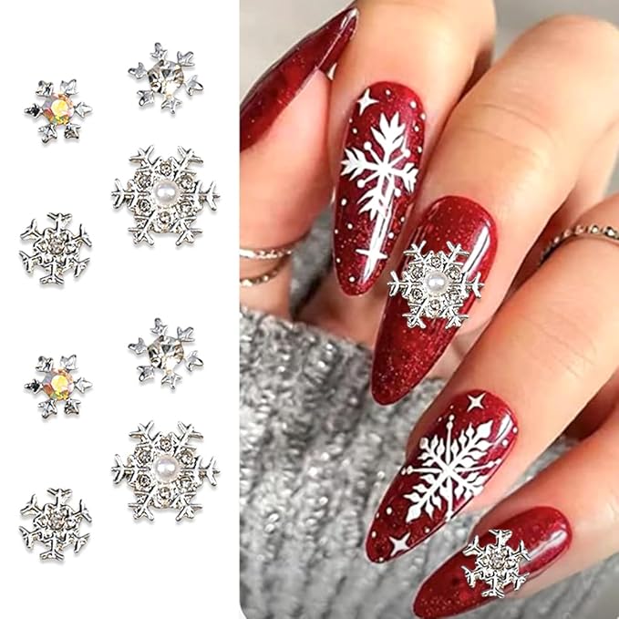 20Pcs Christmas Nail Charms Silver Snowflake Nail Rhinestones for Nails Art 3D Luxury Bling White Nail Gems Winter Cute Pearl Nail Jewelry Christmas Snowflake Bling Nail Charms for Women Acrylic Nails