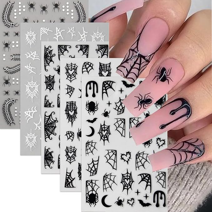 5 Sheets Halloween Nails Stickers Spider Wed Nails Art Stickers 3D Self-Adhesive Supplies Nail Decal with Spider Bat Love Design Nail Sticker for Nail Art Women's DIY Decoration