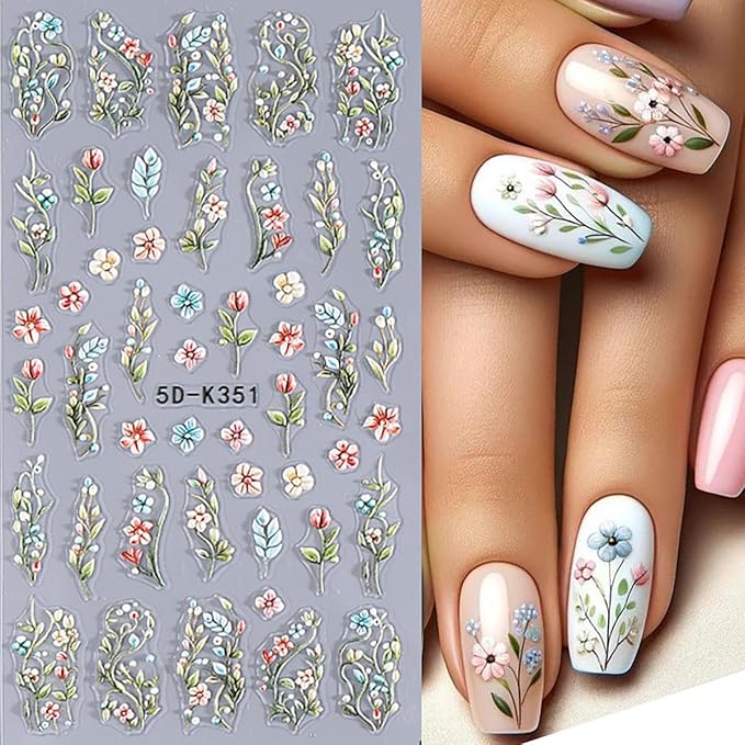 2 Sheets Spring Flower Nail Stickers Summer Embossed Flowers Nail Art Stickers Colorful Floral Leaf Nail Decals 5D Self-Adhesive Leaves Nails Supplies for Women Girls DIY Nail Accessories