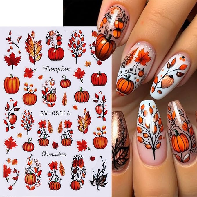 Fall Nail Stickers Autumn Pumpkin Maple Leaf Nail Art Stickers 6PCS 3D Self-Adhesive Fallen Leaf Pumpkins Flowers Fall Nails Design Manicure Decals Supply for Thanksgiving Day DIY Nail Decorations