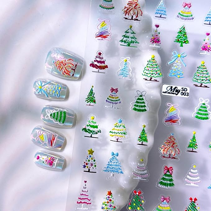 Christmas Nail Stickers 5D Embossed Christmas Lights Tree Nail Art Stickers Xmas Snowflake Nail Decals Self-Adhesive Penguin Design Sticker Holiday Nail Decoration for Women Manicure Accessories 4Pcs