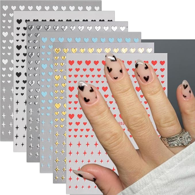 6Sheets Heart Nail Art Stickers, Hearts Stars Nail Decals for Women Valentines Nail Art Supplies 3D Black White Gold Silver Blue Red Heart Stickers for Nails Design Sticker DIY Manicure Decoration