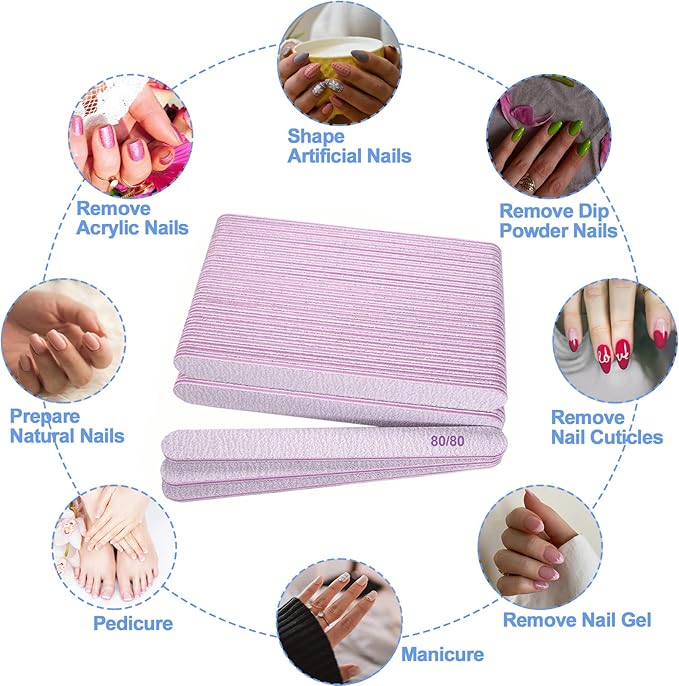 80/80 Grit Nail Files (50 Pcs), Emery Boards for Acrylic Nails and Gel Nails, Coarse Nail File Double Sided 80 Grits Emory Professional Nail Filers Pack Reusable Washable Manicure Gray