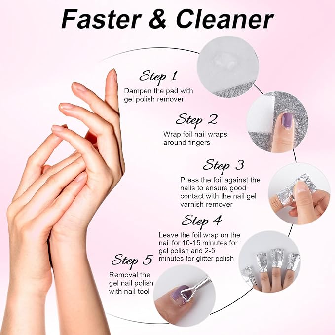 700 Pcs Nail Foil Nail Wraps with Pre-Attached Lint-Free Cotton Pads, Non Acetone Soak Off Nail Polish Remover Kit for Home Professional