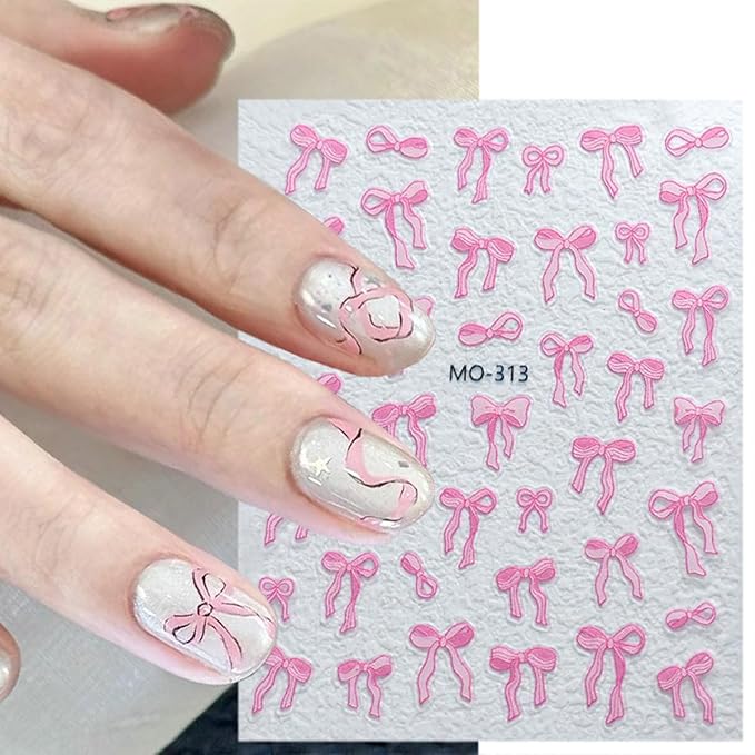 3 Sheets Embossed Bow Nail Decals for Nail Art Pink White Bows Nail Stickers Cute Bow Ribbon Nail Designs Supplies 5D Self-Adhesive Bow-Knot Nail Art Stickers for Women Girls Manicure Decor