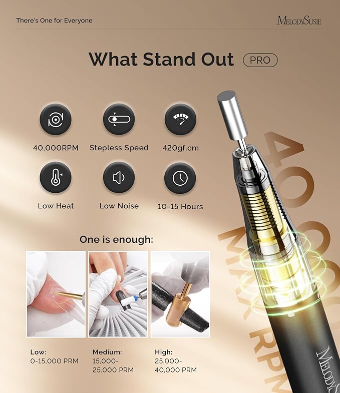 MelodySusie Professional 2 in 1 Nail Drill Kit 40,000 RPM, MB420G Brushless Portable Cordless Rechargeable Electric Nail File, Efile Nail Drill Machine for Acrylic Gel Nails Polishing Removing, Black