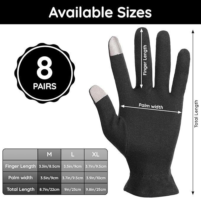 Segbeauty 16 Counts Elastic Cotton Work Gloves Black with Touchscreen Fingers, 8 Pairs Sleep Moisturizing Lotion Gloves Overnight for Women with Elastic Band, Spa Cotton Working Glove for Hand Care