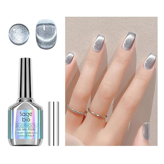 Cat Eye Gel Nail Polish with Magnet Stick, 15ml Glitter Holographic Nail Polish, Magnetic Effect Gel for Home DIY Manicure Gift, Silver Dust