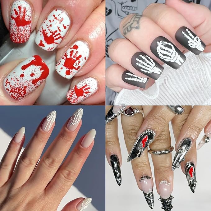6Pcs Halloween Nail Stickers 3D Horror Skeleton Nail Decals Self Adhesive Snake Ghost Blood Hand Bone Knife Design Goth Nail Art Sticker Laser Skull Spider Nail Supplies for Women DIY Holiday Manicure