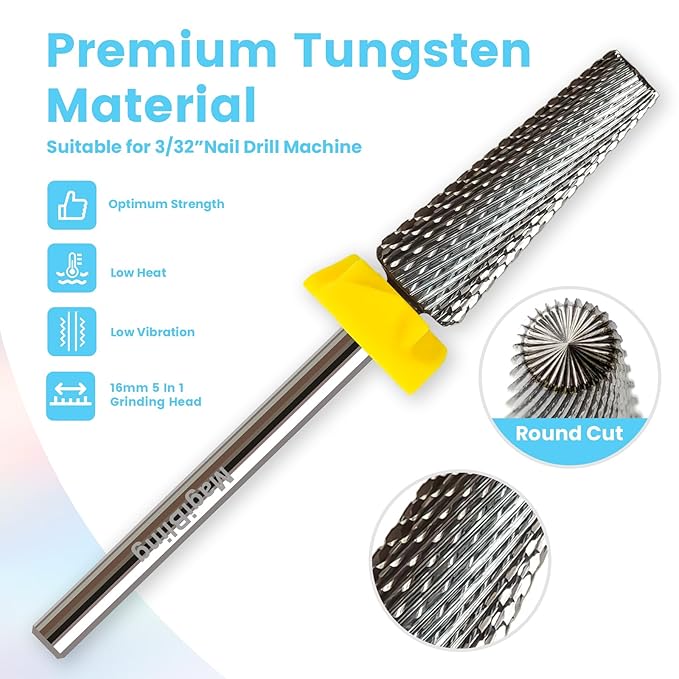 16mm 5 in 1 Tapered Barrel Nail Drill Bits, 3/32'' Safety Tungsten Carbide Bits, Right & Left Rotation, Manicure Cuticle Gel Acrylic Removal Polishing, Technicians Bits, Extra Fine.