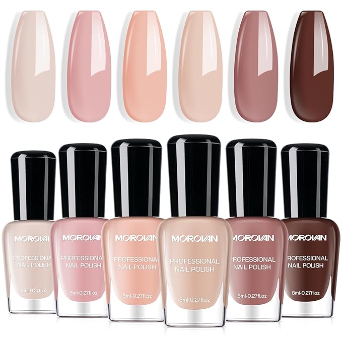 Morovan Nude Nail Polish Set: 6PC Neutral Pink Milky Skin Color Nail Polish Kit Pale Beige Cream Taupe Tan Brown Natural Mini Summer Manicurist Beautify Women Girls Gift