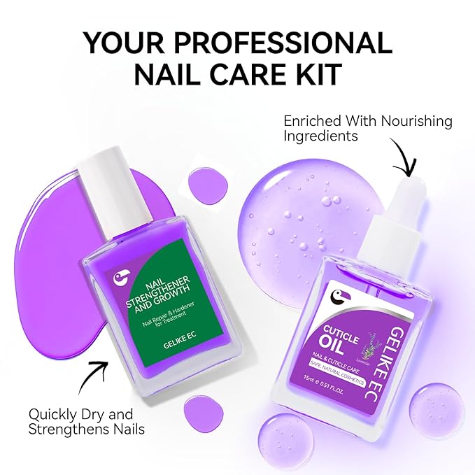 Gelike EC Nail Kit for Beginners: Purple Easy-Use nail polish strengthener & Lavender Oil for Thin Weak Nails - for Stress Relief - Repair Split Nails - Spa & Night Care Routine