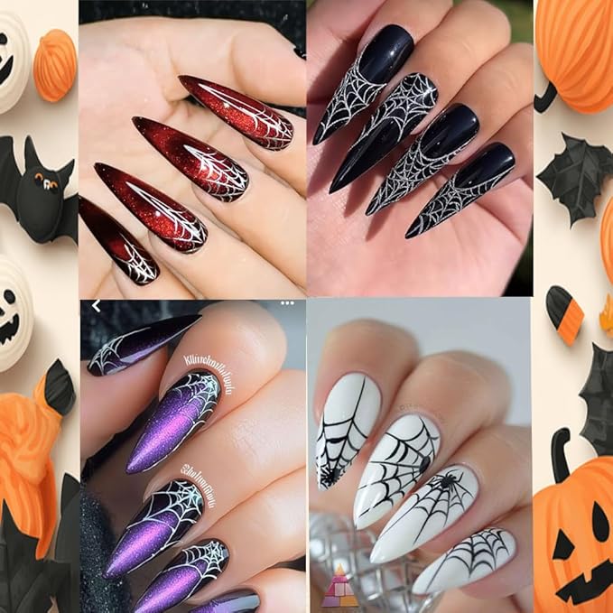 4Pcs Halloween Nail Stickers 3D Spider Web Nail Decals DIY Self Adhesive Cobweb Nail Design Halloween Nail Decoration Supplies Holiday Manicure Accessories for Women Girls
