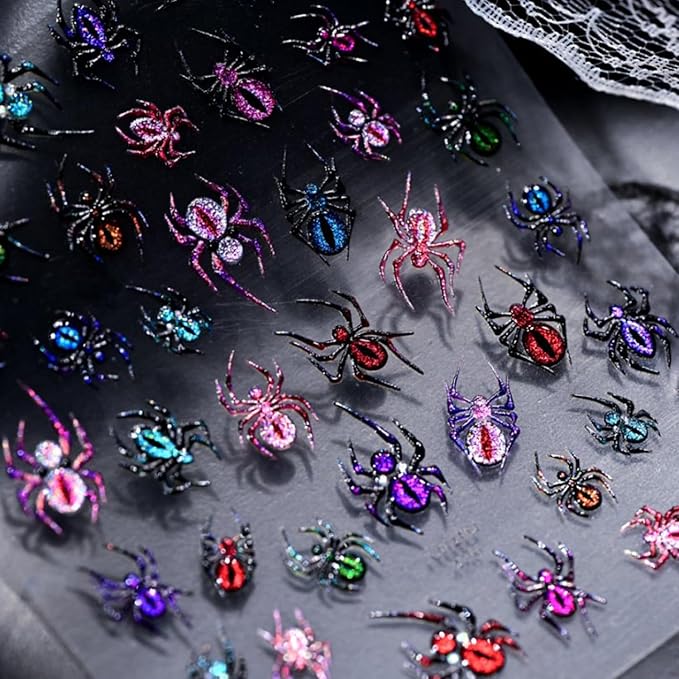 5D Spider Halloween Nail Stickers for Nail Art 3D Glitter Spider Web Nail Decals 1 Sheets Colorful Relief Spider Nail Art Designs Festive Embossed Adhesive Sliders Decal DIY Manicure Decor for Women
