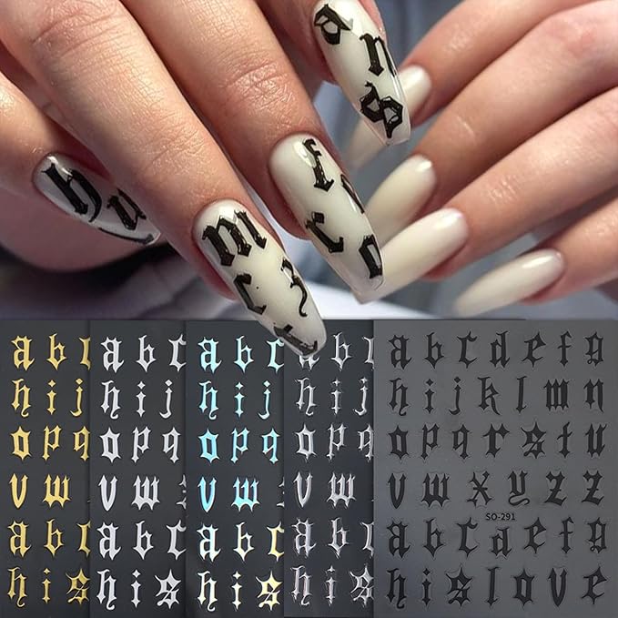 Multicolor Letter Nail Art Stickers Decals English Nails Stickers with Design Self-Adhesive Nail Art Decal for Women Manicure Decor