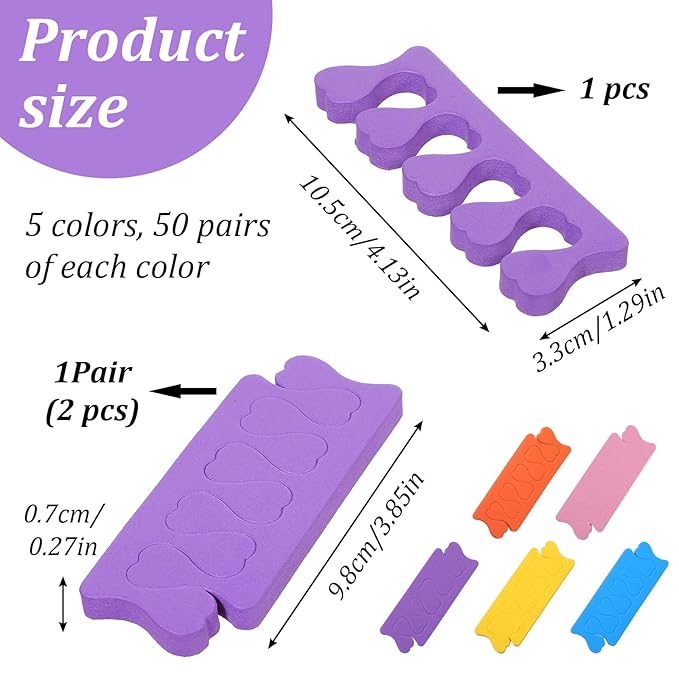 500 Pcs (250 Pairs) Toe Separators Pedicure Tool Kit Soft Toe Spacers for Pedicures Spreaders Finger Dividers for Women Men Feet Nail Toenails Art Painting Polish Spa(Multicolors)