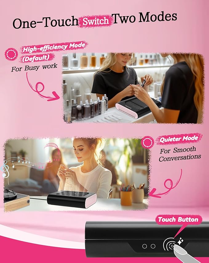 Nail Dust Collector, Dust Collector nail tech with Brush and Reusable Filter, 2 Modes Profesional Nail Vacuum, Fan Vent Nail Dust Extractor (Black& Pink)