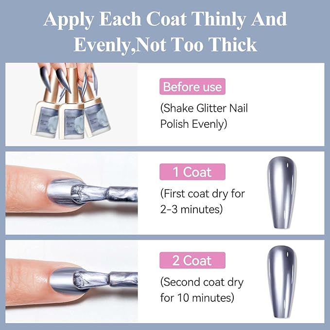 Chrome Nail Polish Metallic Mirror Effect, Air Quick Dry Holographic Nail Lacquer Silver Purple Regular Color for Finger Toe Nail French Manicure Art
