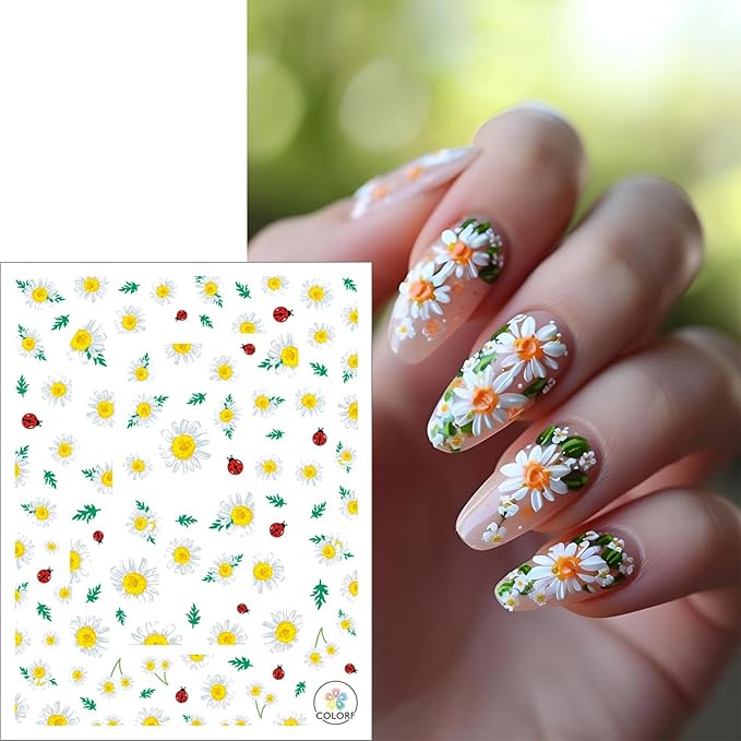 winthrop 8 Sheets Daisy Nail Art Stickers, Charming Flower Chrysanthemum 3D Trendy Design Self-Adhesive Spring Summer Nail Art Decals, DIY Manicure Decoration Supplies Accessories for Women Girls