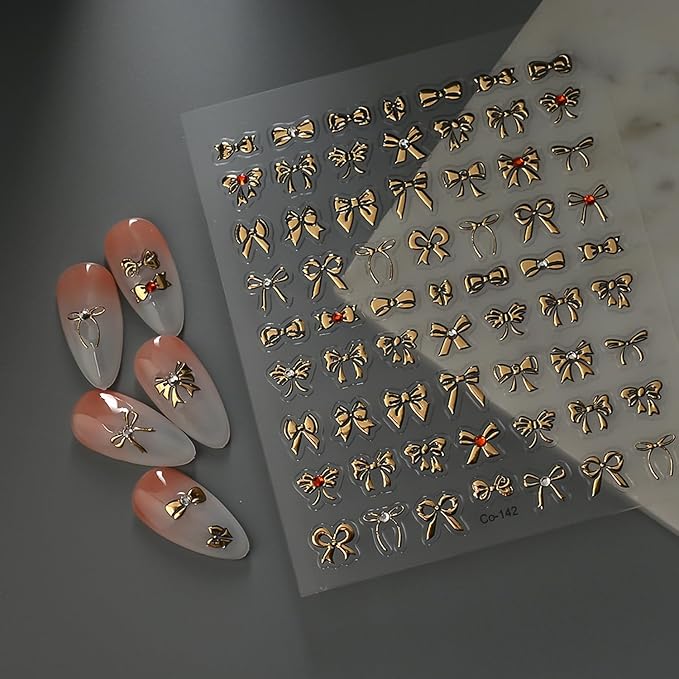 Metallic Bow Nail Art Stickers, 5D Embossed Nail Decals Gold Rhinestones Charm Design Ribbon Bows Nail Art Supplies Cute Stickers for Women DIY Manicure Decoration Accessories